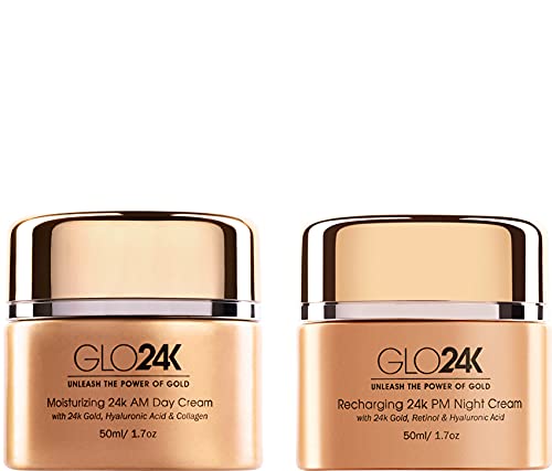 GLO24K Moisturizing 24k Gold Day and Night Creams for an Optimal AM-PM Hydration Level. A High-Performing Hydration Boost Combo enriched with Hyaluronic Acid, Collagen, Retinol, and Vitamins.
