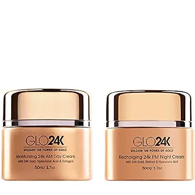 GLO24K Moisturizing 24k Gold Day and Night Creams for an Optimal AM-PM Hydration Level. A High-Performing Hydration Boost Combo enriched with Hyaluronic Acid, Collagen, Retinol, and Vitamins.