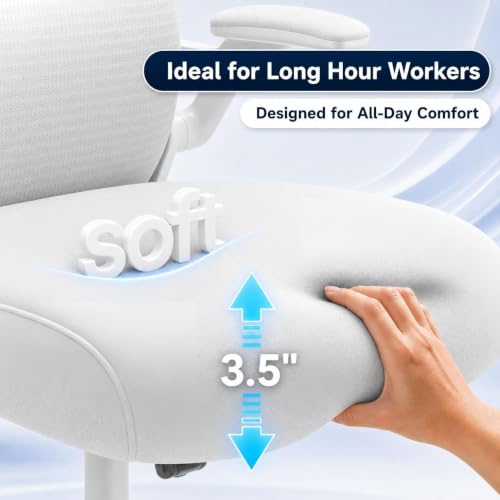 Image of Ergonomic Office Chair for Long Hours and Back Pain Relief, Space-Saving Design with Adjustable Lumbar Support, Flip-Up Arms, 3D Headrest, Tilt & Rock, 330 LBS, White /Gold