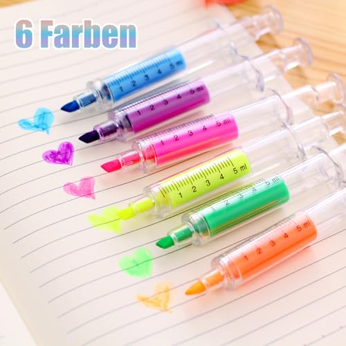 Hyleara Textmarker Set, 6 Farben Highlighter Pens mit Keilspitze, Spritzen-Textmarker, Krankenschwester Geschenke, Leuchtstifte, Marker Stifte zum präzisen Unterstreichen und Markieren