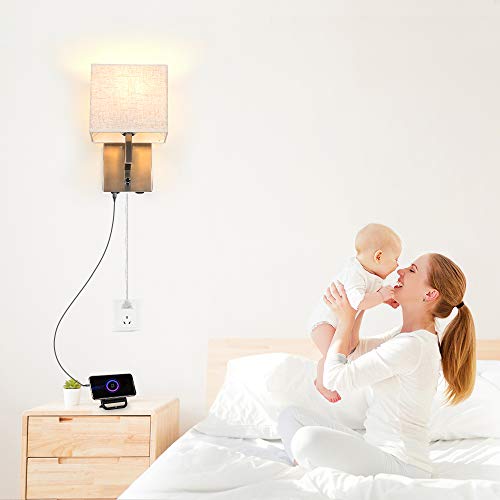 Bedside Wall Mount Light With Dimmer Switch And Two Usb Charging Port,Fabric Linen Shade Wall Sconces Light With Plug In Cord And Satin Nickel Finish, Perfect For Bedroom, Living Room And Hotel #TOP4