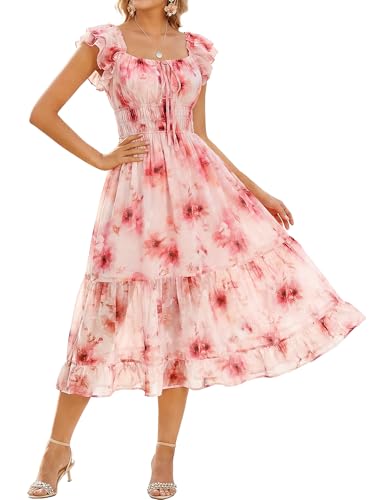 GRACE KARIN 2026 Women's Spring Floral Midi Dress Beach Wedding Guest Dresses Flowy A Line Casual Summer Clothes Red 2XL