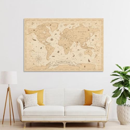 ヴィンテージ世界地図 教育地図 地理ポスター 装飾 絵 キャンバス リビングルーム 寝室 印刷 パネル20x30inch(50x75cm) [4]