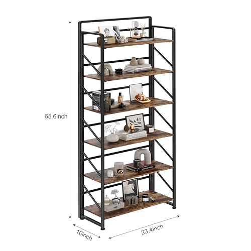 Image of JSB No Assembly Folding Bookshelf, 6 Tier Industrial Metal Book Shelf for Storage, Vintage Wood Foldable Bookcase for Living Room, Bedroom, Office Organization Shelves