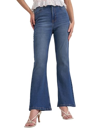Image of Tokyo Talkies Women Blue Solid Bell Bottom High Rise Jeans