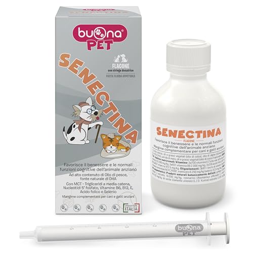 Senectina Buona Pet Integratore Cane Anziano e Integratore Gatto anziano Flacone 90g con Olio di Pesce fonte di Omega 3 Per Cani e Gatti, Mangime Complementare Pasta Fluida con Siringa Dosatrice