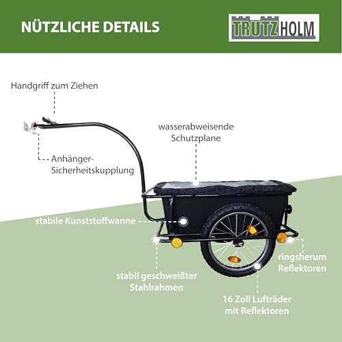 TRUTZHOLM Fahrradanhänger Lastenanhänger & Handwagen 90 Liter Transportanhänger mit Anhängerkupplung und Abdeckplane Kunststoffwanne herausnehmbar Fahrradwagen Trailer, Schwarz