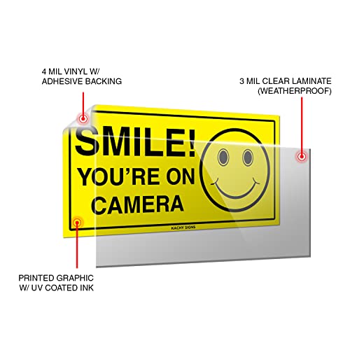 (Set Of 6) Smile You're On Camera Sticker - 2" X 4" -Durable Self Adhesive 4 Mil Vinyl - Laminated - Fade & Scratch Resistant - Waterproof - Private Property No Trespassing Security Recording Video Surveillance Sign #TOP1