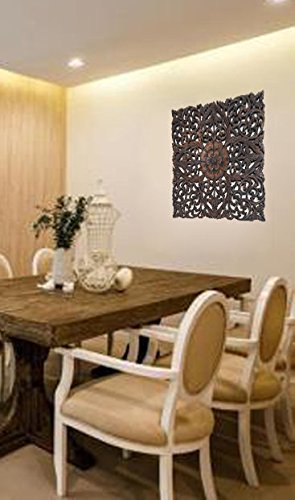 Rustic Wood Wall Decor. Large Carved Wood Plaque. Decorative Lotus Floral Wood Wall Panel.Oriental Home Decor. 24"Square (Dark Brown) - Thumbnail 4