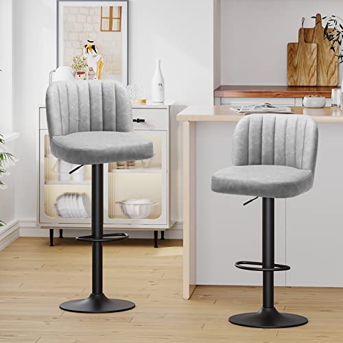 Dictac Grey Leather Bar Stools Set Of 2, Adjustable Bar Chairs Counter Height, Swivel Barstools For Kitchen, Capacity 400Lbs #TOP2