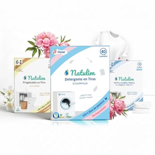 Natulim Trio Pack Limpieza del Hogar – Detergente en Tiras 40 Lavados Floral, Friegasuelos Concentrado 30 Usos y Lavavajillas en Pastillas 60 Tabletas – Fórmulas Biodegradables.