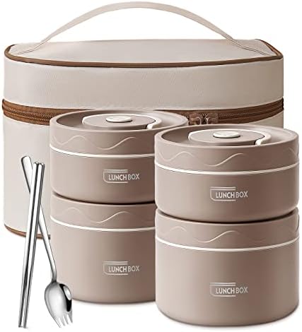 Stainless Steel Bento Box Adult Lunch Box, Portable Insulated Food Lunch Container Set with Thermal Lunch Box, 4 Separate Stackable Lunch Container for Adult Kids Men Women, 66 Oz/8.25 Cup, Brown