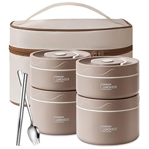 QQKO 4-Tier Stainless Steel Bento Box with Thermal Insulation, Brown, Portable, 66 Oz/8.25 Cup Cover