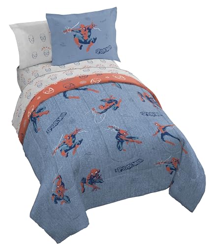 Image of Marvel Spiderman Twin Comforter Set 5 Piece Bedding for Boys, Blue | Bed in a Bag, Comforter Sheets Sham Pillowcase, Official Product, Soft Microfiber, Machine Washable, Easy Care, Boys Gift