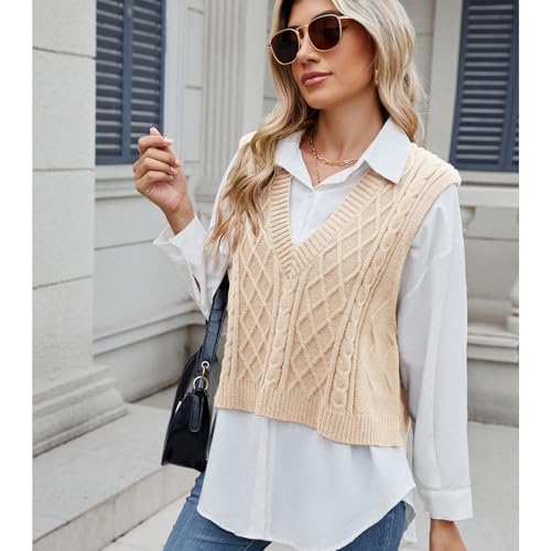 Image of Blostirno Women's Sweater Vest V Neck Sleeveless Casual Ribbed Cable Cropped Pullover Vests Argyle Plaid Knit Tank Tops