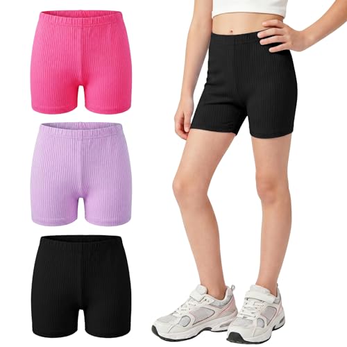 Hoseay Krótkie Szorty Rowerowe dla Dziewcząt, Elastyczne Legginsy z Bawełny z Gumką, Oddychające Szorty z Prążkowanym Wzorem do Jazdy na Rowerze, Tańca, Gimnastyki dla Dzieci 5-16 Lat, Zestaw 3 St, 5