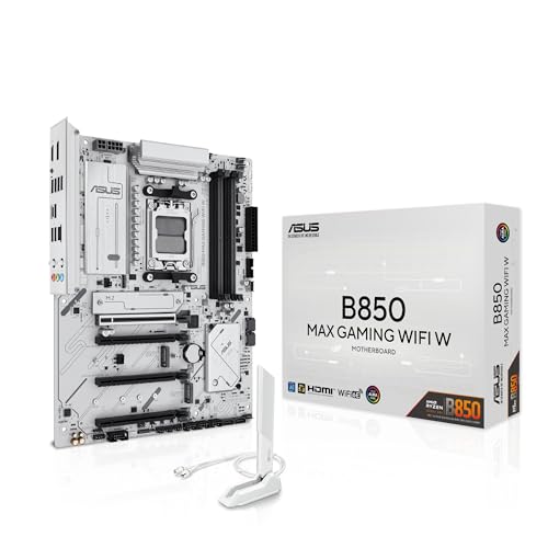 B850 MAX GAMING WIFI W, Scheda Madre AMD ATX, 8+2+1 Fasi di Alimentazione, Slot DDR5, PCIe 5.0 Ready, 3 slot M.2, WiFi 6E, Ethernet 2.5Gb, USB-A, USB-C, HDMI, BIOS Flashback e Aura Sync, Bianca