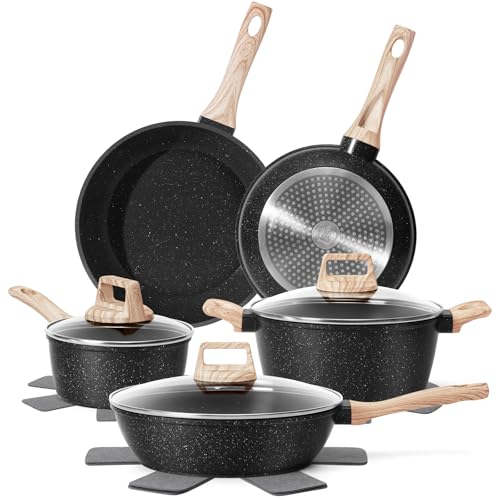 Comparison: Best Cheap Nonstick Cookware Set 8 SODAY 12 Pcs Pots and Pans Set, Nonstick Cookware Sets Black Granite Induction Cookware, Non-toxic Healthy Non Stick Kitchen Cooking Set with Frying Pans Set, Saucepans,Steamer (PFAS, PFOA, PFOS Free)
