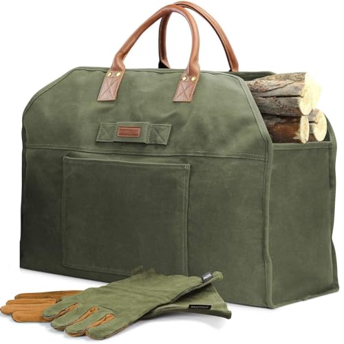 GUODDM Bolsa para Transportar Leña, De Lona Encerada, para Guardar Accesorios De Estufa De Leña Y Chimenea, con Guantes De Cuero, para Transportar Heno, Acampar Al Aire Libre Y Barbacoa(B)