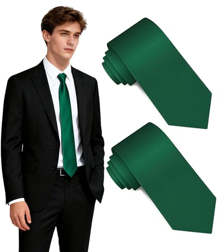 Fineknot Dark Green Ties for Men, 2PCS Formal Neckties for Men, Solid Color Mens Ties for Business, Wedding, Party, Dark Green Neck Tie