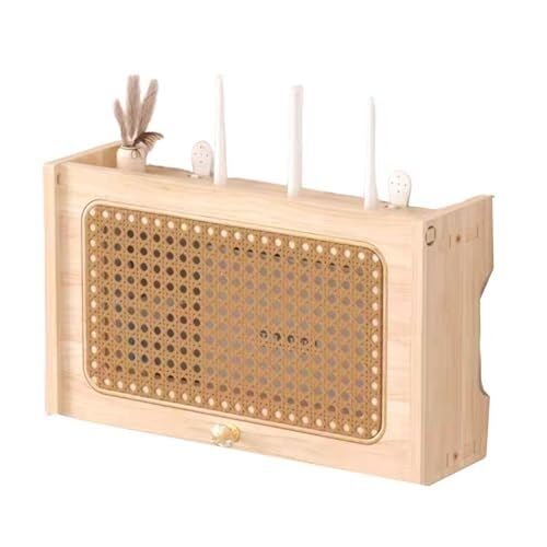 Wood & Rattan Router Storage Box, WiFi Router Cable Management Box for Hiding Cables, Sockets & Set Top Box, Decorative Wooden Cable Tidy Organiser Shelf for Home Living Room Office