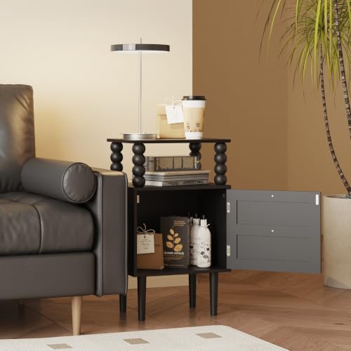 Image of Nightstand with Storage Drawer and Open Wood Shelf,Solid Wood Legs (Black) | Mid-Century Modern Bedside Table for Bedroom and Small Spaces,Easy Assembly