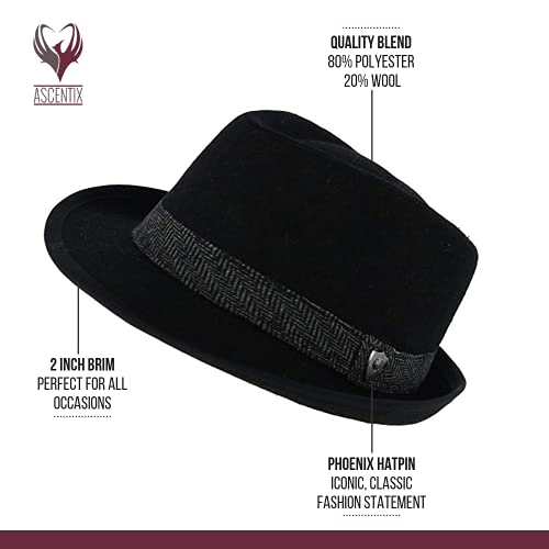 Ascentix Men’s Fedora, 2” Brim, Timeless Classic, Size 24 ¼” - 25”, Xxl, Black #TOP4
