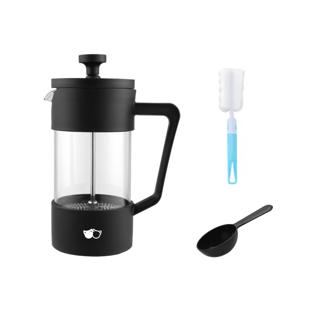 Cafetière à piston W&M en verre borosilicate et acier inoxydable, triple filtre - Noir