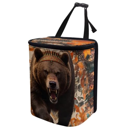 Image of Talayituse Tribal Bear Maple Print Car Trash Can Portable Auto Garbage Bin Multifunctional Vehicle Interior Accessories with Adjustable Straps Universal Fit Truck SUV Sedan Autumn Decor