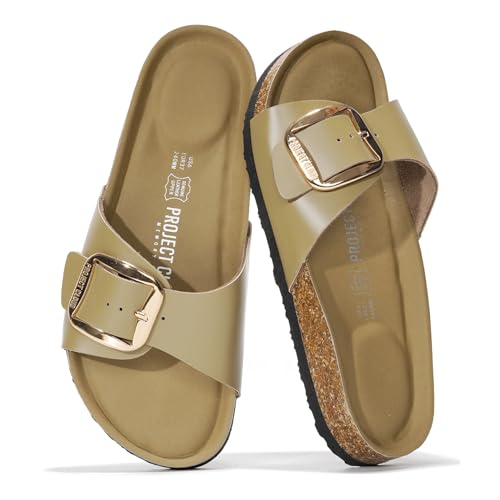 Project Cloud 100% Genuine Leather Sandals Women Dressy Beach Essentials Slides for Women Footwear-Lightweight with Memory Foam Insole Sandals for Women 2026-Womens Slides (Mykonos,MOSS,6.5)