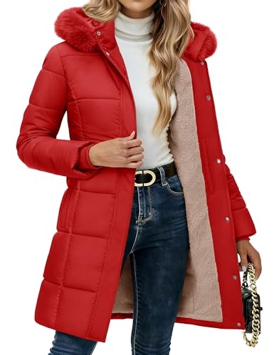 YUCOLEN Long Winter Coats for Women Fleece Lined Sherpa Puffer Jackets with Hood Pockets Zip Warm Thicken Parka Coat Red S