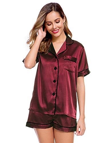 Image of LecGee Womens Silk Satin Pajamas Short Sleeve Loungewear Two-Piece Sleepwear Button-Down Pj Set