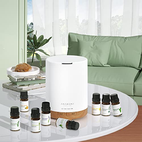 ASAKUKI Essential Oil Diffuser, Aromatherapy Cool Mist Home Humidifier with 7 LED Color Changing Light and Auto-Off Safety Switch, 8 Essential Oils Set, 300ml (Brown with Oils) - Image 3