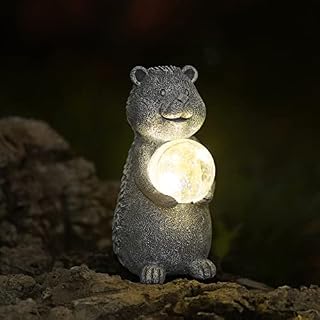 Goodeco Hedgehog Garden Ornaments with Solar Powered LED Lights, Garden Hedgehogs statue With Gazing solar Ball Hedgehog Decoration For Patio Lawn Yard Decor Gifts for Women/Mom Birthday Grey 19.5cm