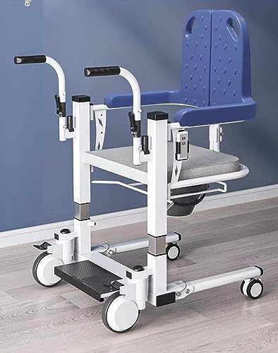 Silla de traslado de pacientes con ruedas elevadoras eléctricas y portátil, asiento abatible de 180° con orinal, inodoro de cabecera para personas mayores (azul)