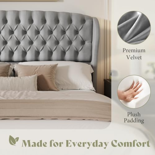 Image of AMERLIFE Full /Queen Headboard Only, Velvet Upholstered Wingback, Grey