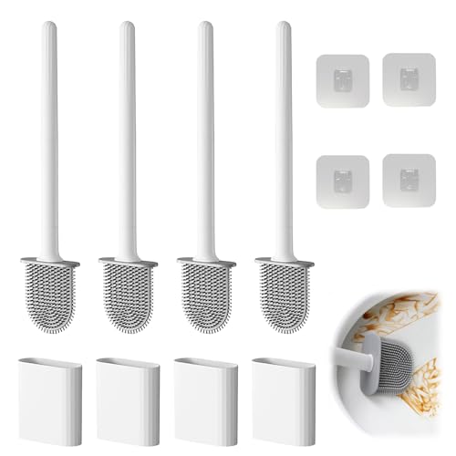 Image of Toilet Bowl Brush and Holder Set, Flexible Silicone Bristles with Detachable Handle, Compact RV and Bathroom Toilet Brush (4 white)