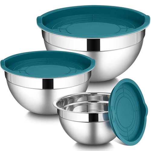 LIANYU Mixing Bowls Set with Airtight Lids, Stainless Steel Large Metal Kitchen Bowls Set of 3, Dishwasher & Freezer Safe, 1.5QT & 3QT & 4.6QT, Blue