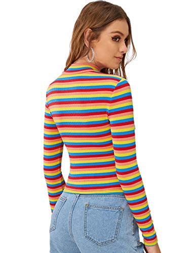 Floerns Women's High Neck Long Sleeve Slim Fit Stretch Striped T-Shirts, Multi-1, M