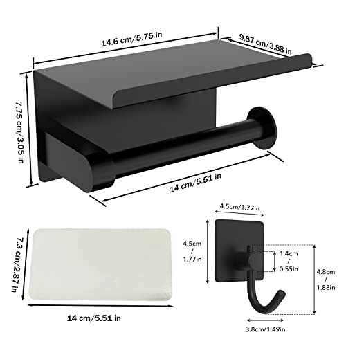 Toilet Paper Holder With Phone Shelf+ Two Adhesivetowel Robe Hooks, Self Adhesive Or Screw Wall Mounted Toilet Paper Roll Dispenser, Rustproof Bathroom Tissue Roll Holder With Shelf (Matte Black) #TOP7