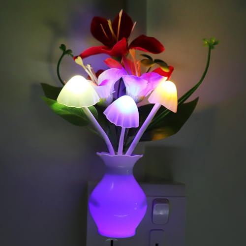 Image of AUSAYE Plug-in Night Light with Auto Light Sensor,RGB LED Mushroom Night Light Wall Red Lily Flower Lamp for Adults Kids Nursery Room,Bedroom,Lounge,Bathroom,Stairs