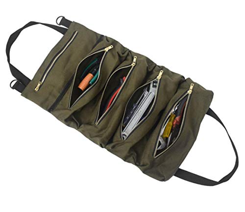 Super Roll Tool Bags with 5 Zipper Bags, Multi-Purpose Tool Roll Up Bag Organizer Bucket, Hanging Tool Zipper Carrier Tote Wrench Roll Pouch, Car First Aid Kit Wrap Roll Storage Case