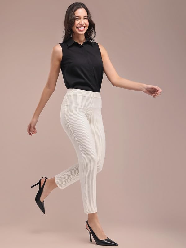 Image of FableStreet Women's Livin Striped Straight Fit Off White Pants