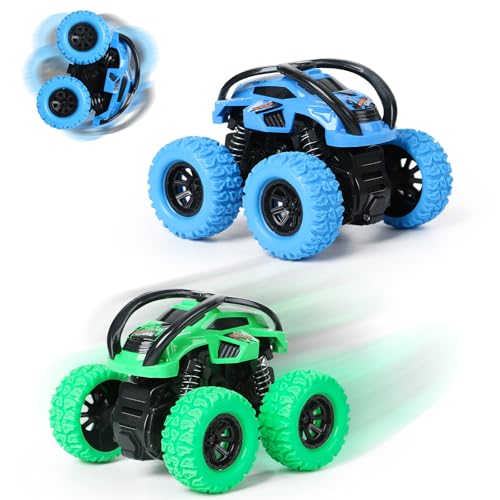 Image of GUIGUZHJ 2 Pack Car Toys for 3 4 5 6 Year Old Boy Girl, Push and Go Cars Toys for Toddler Age 3-6, Monster Trucks Friction Vehicles Toy, 360° Rotating Stunt Car Toy for Kids Christmas Birthday Gifts