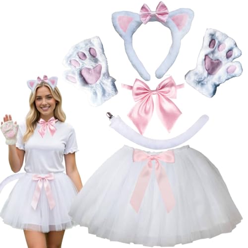 Kirei Sui 6-Piece White Cat Costume for Women Teens Adults Ears Headband Tail Paws & Tutu Halloween Accessories