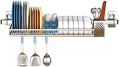 COLTURE Over The Sink Dish Drying Rack, Hanging Stainless Steel Dish Drainer Dryer Rack with Knife Utensil Holder Hooks Space Saver for Kitchen Supplies Storage Organizer Shelf Counter Top, Silver