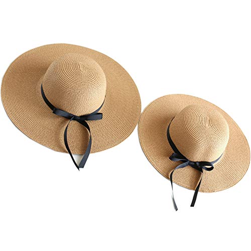Julerwoo 2Pcs Parent-Child Straw Hat Girls Women's Bowknot Beach Sun Hat (Ribbon Brown) #TOP27