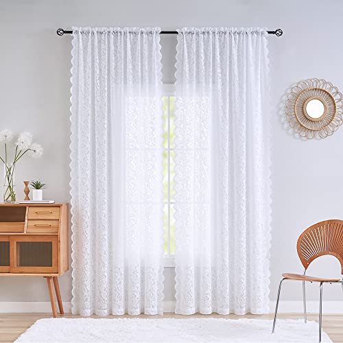 Aligogo White Lace Curtains 84 Inches Long-Vintage Floral Luxury Lace Sheer Curtains For Living Room 2 Panels Rod Pocket 52 W X 84 L Inch,White #TOP5