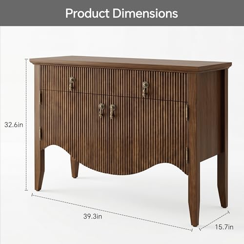 Image of FUSUNBAO 40 inch Fluted Buffet Cabinet, Sideboard Credenza with Drawer,Walnut | Retro,Storage Cabinet,Fluted Sideboard Credenza, 2 Drawer, Accent Bar Cabinet, For Living Room, Dining Room, Entryway
