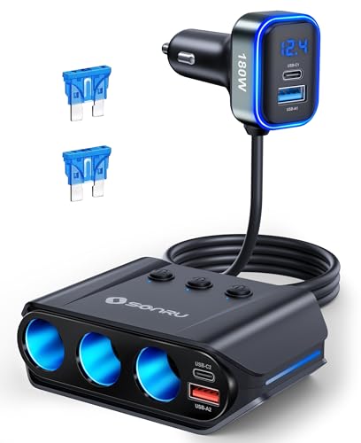 SONRU 7-en-1 Multi Prise Chargeur Allume Cigare, 180W【Dual PD & Quick Charge 3.0】 12V/24V Chargeur Voiture USB, Charge Rapide Chargeur, Affichage du...